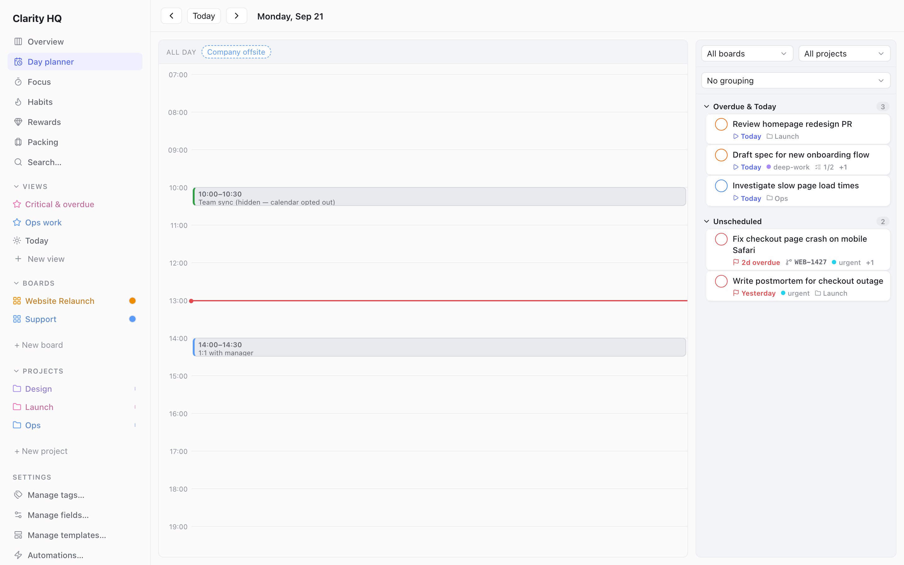 The Day Planner with an hourly timeline showing calendar events and gaps to schedule, and a right-hand panel listing overdue and unscheduled tasks