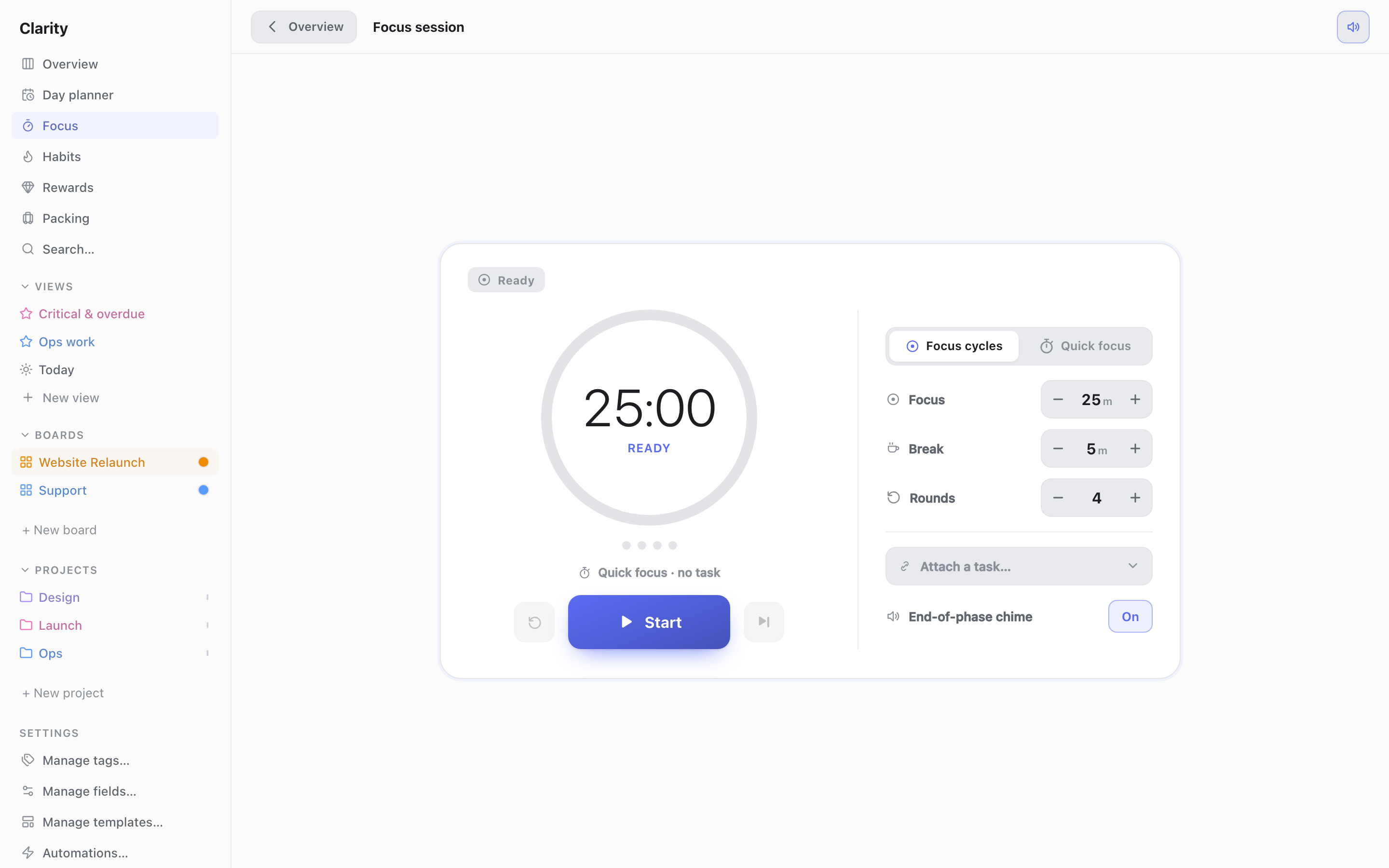 The Focus page with a 25:00 countdown ring, Focus cycles/Quick focus toggle, Focus/Break/Rounds steppers, and a Start button