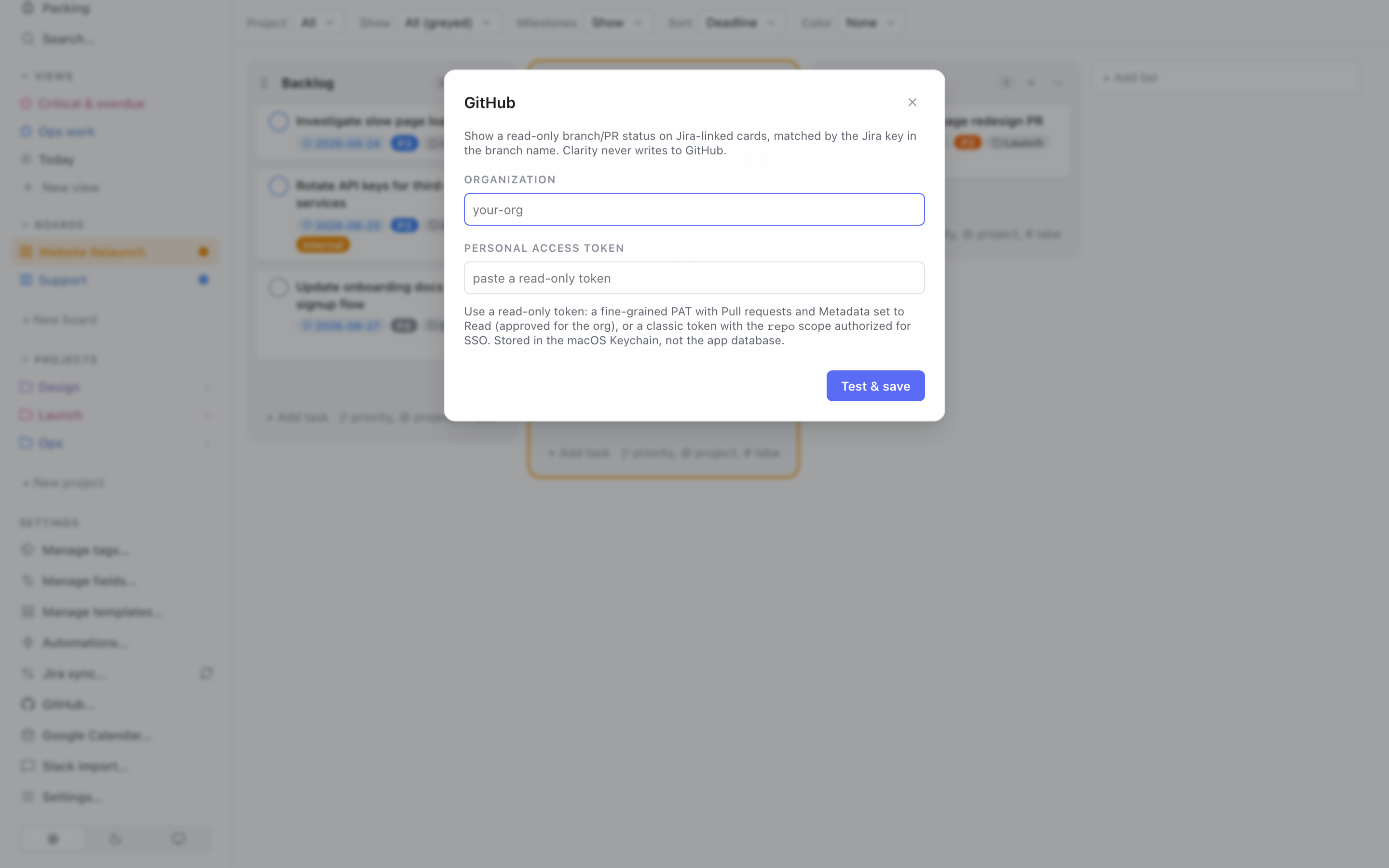 The GitHub setup dialog with fields for Organization and Personal access token