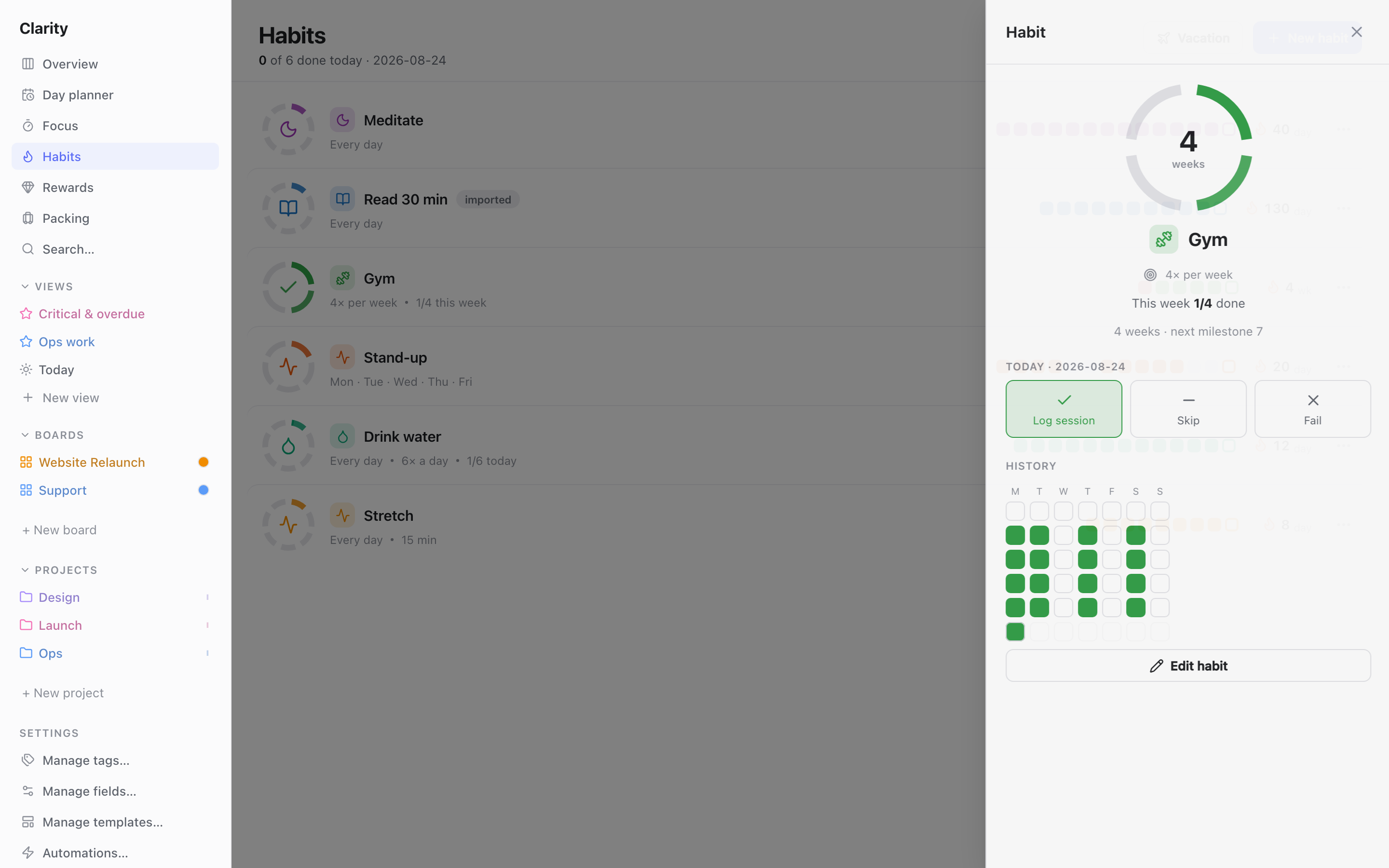 The "Gym" habit's detail view, showing a 4-week streak ring, Log session/Skip/Fail buttons, and a 6-week calendar of past completions