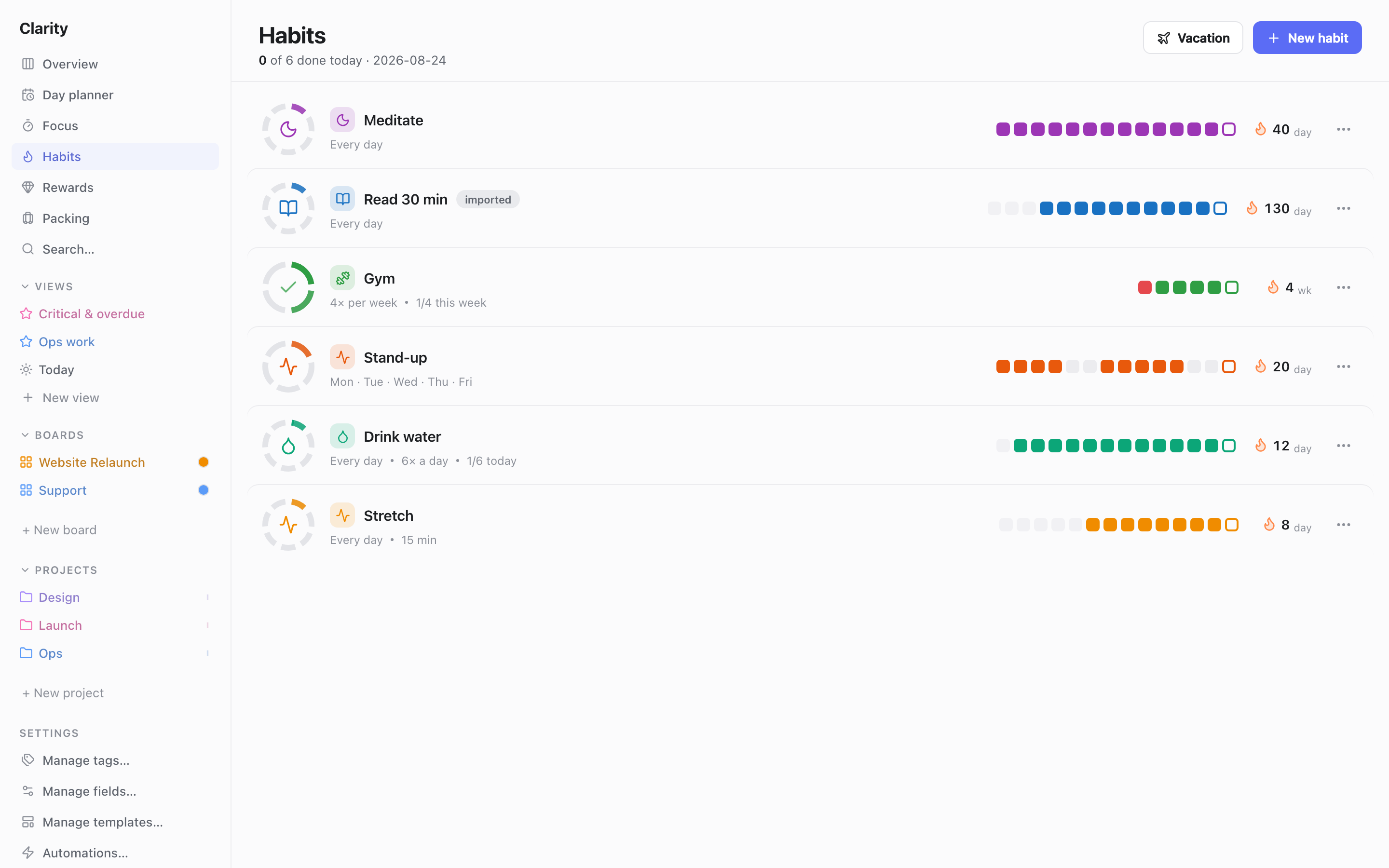 The Habits page listing six habits with streak rings, including a daily habit, a weekly count-goal habit at 1/4 this week, a count-goal habit at 1/6 today, and a 15-minute timer-goal habit