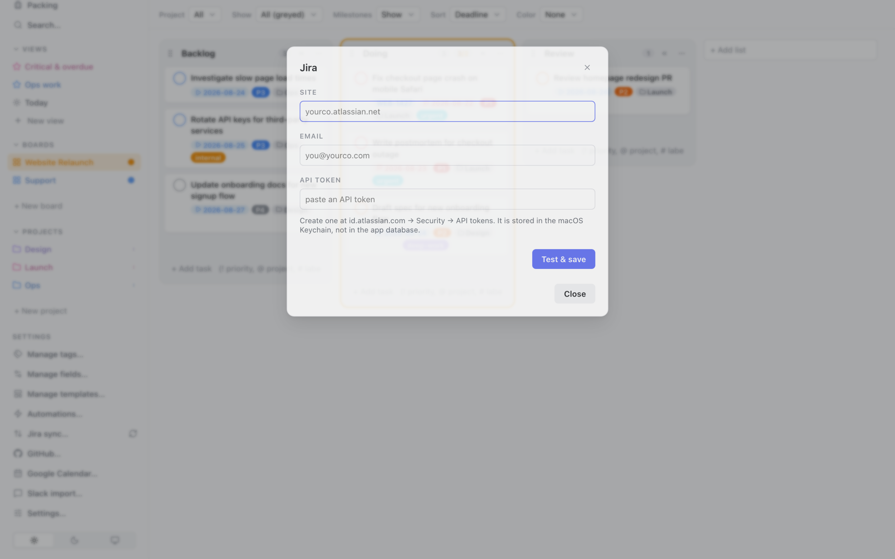 The Jira setup dialog with fields for Site, Email, and API Token, and a Test & save button