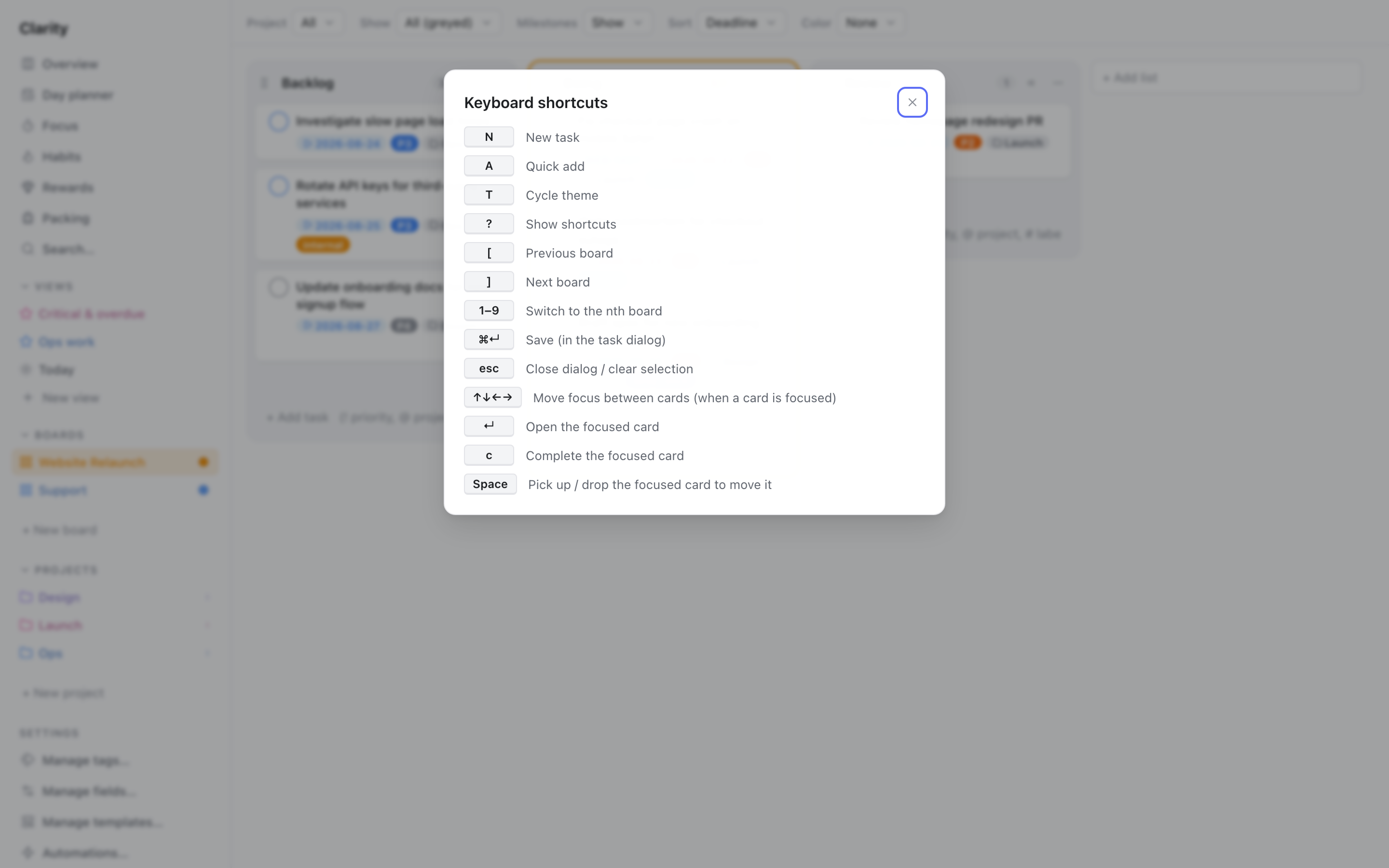 The keyboard shortcuts cheat-sheet dialog, listing shortcuts like N for new task, A for Quick Add, and 1-9 to switch boards