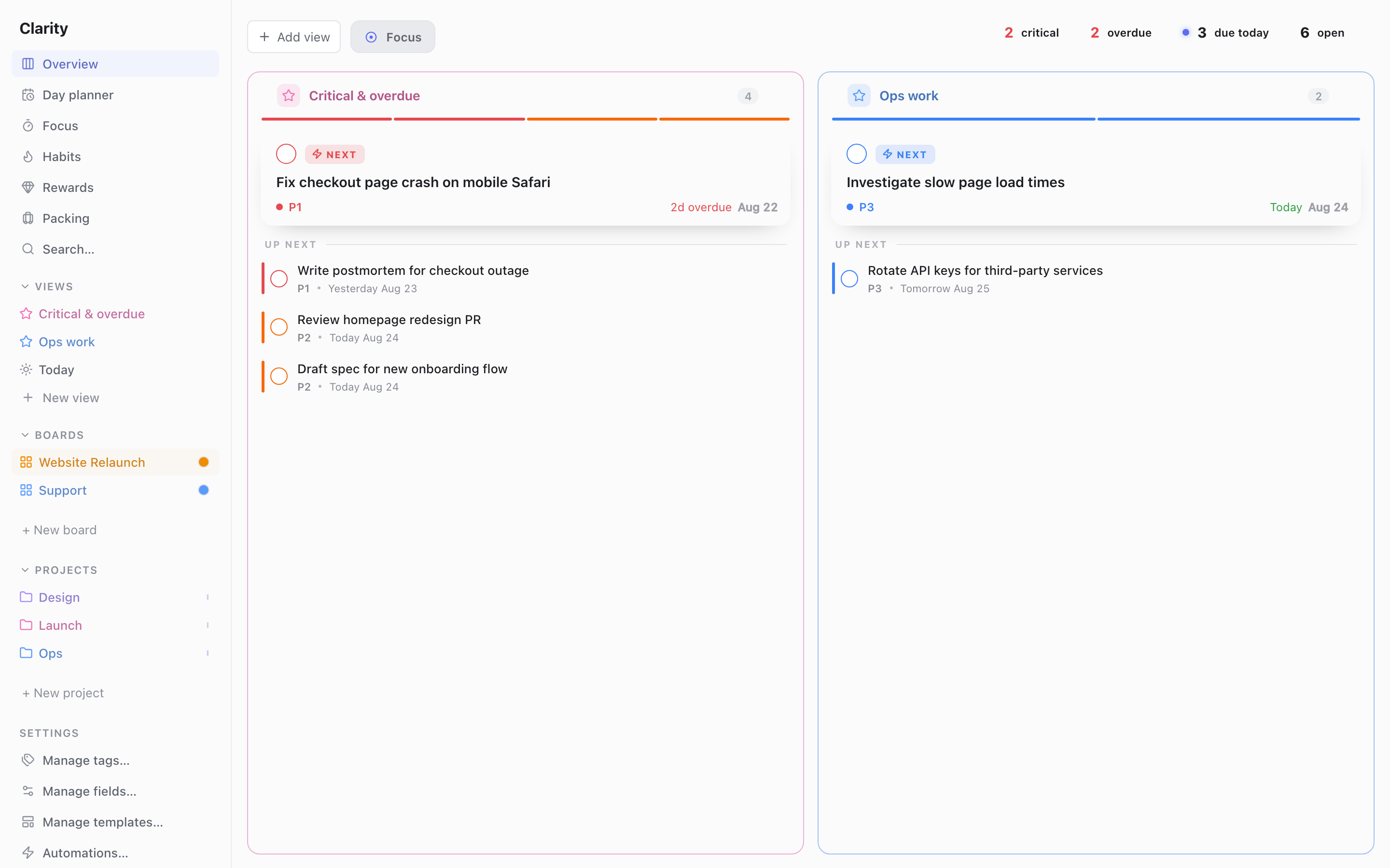 The Overview dashboard with two view columns side by side, each showing a Next task and an Up Next list, plus summary counts for critical, overdue, and due-today tasks