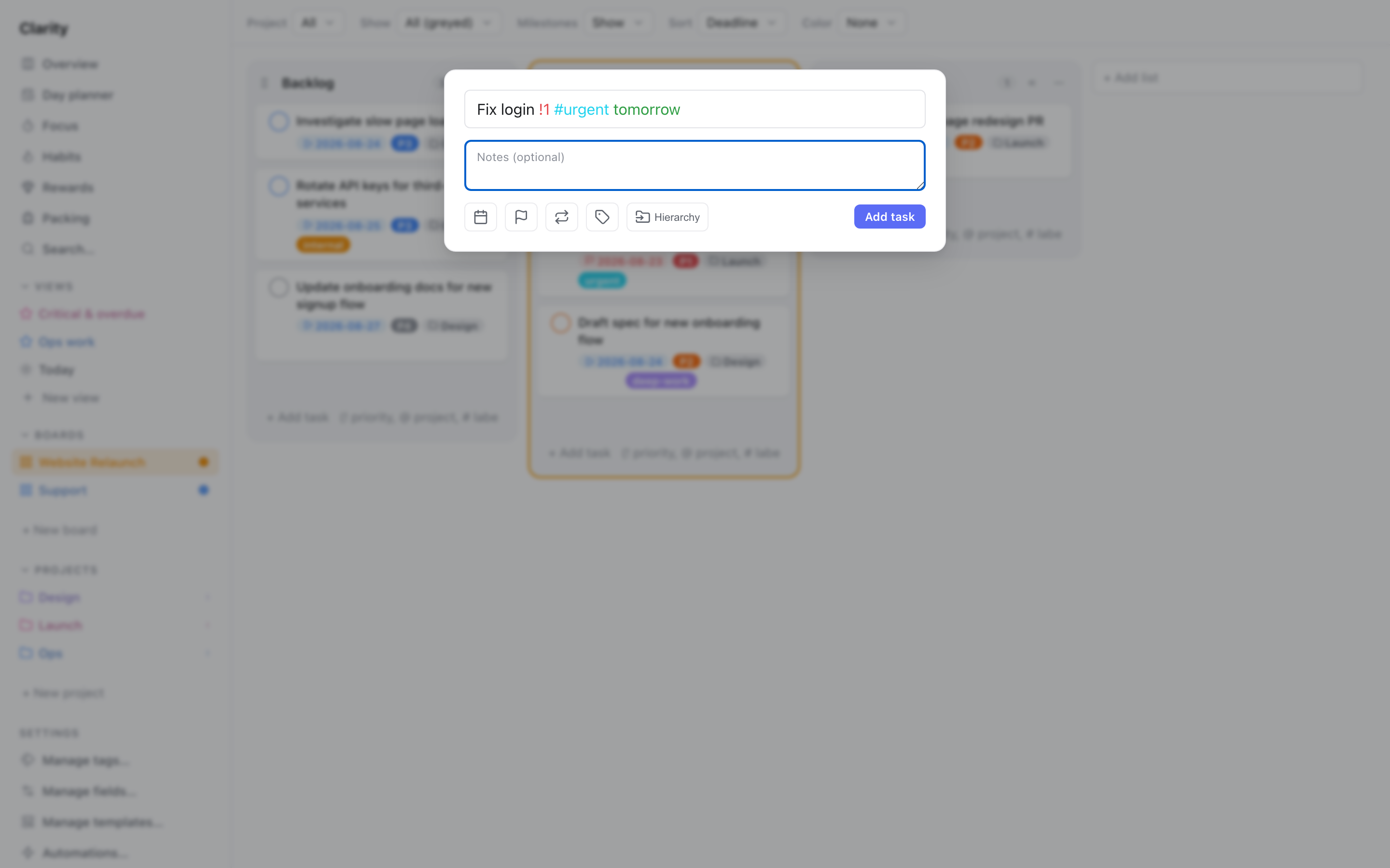 The Quick Add popup with the text "Fix login !1 #incident tomorrow" typed in, showing the priority, tag, and date tokens highlighted in the title