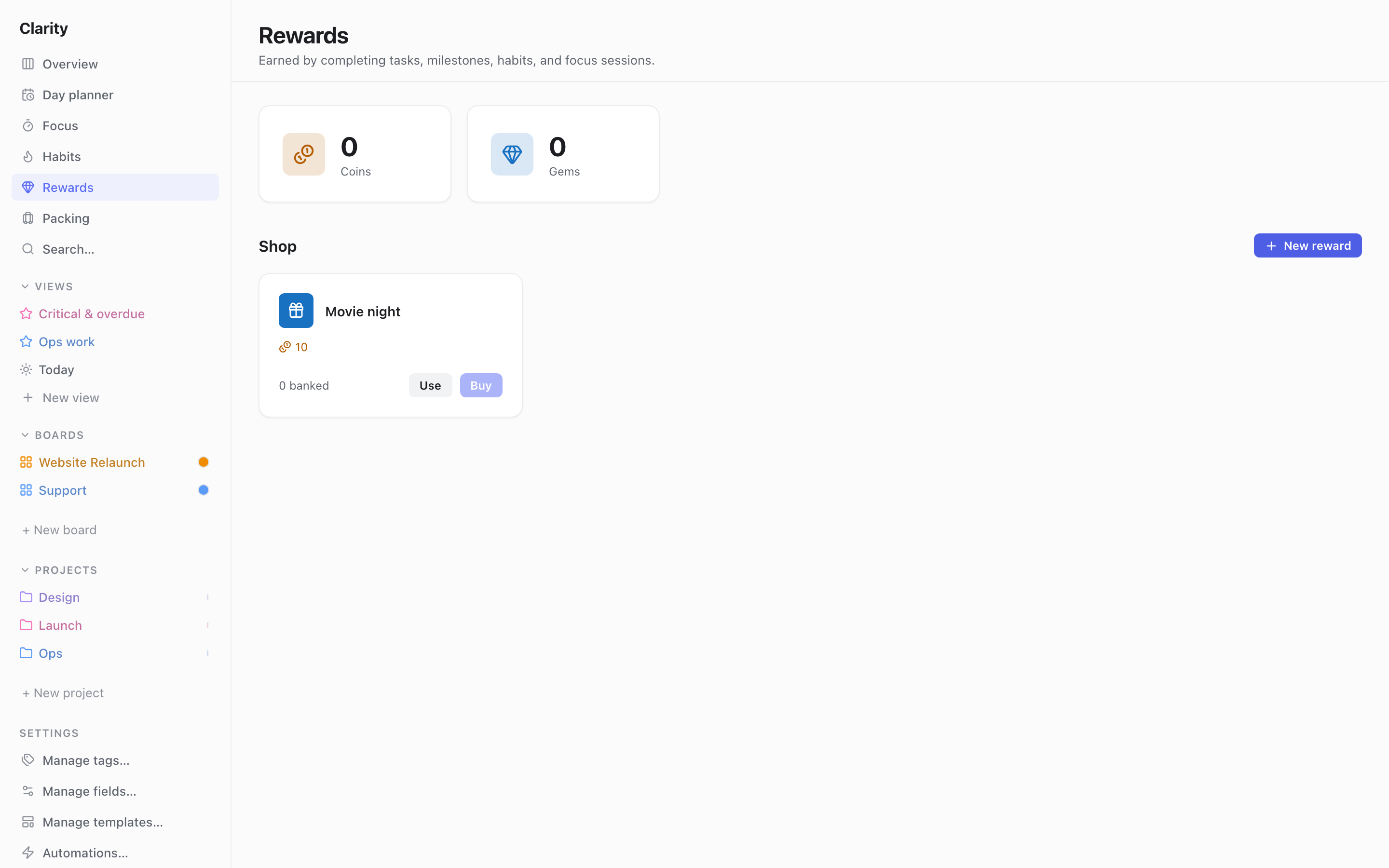 The Rewards page showing Coins and Gems totals and a Shop with a "Movie night" reward costing 10 coins