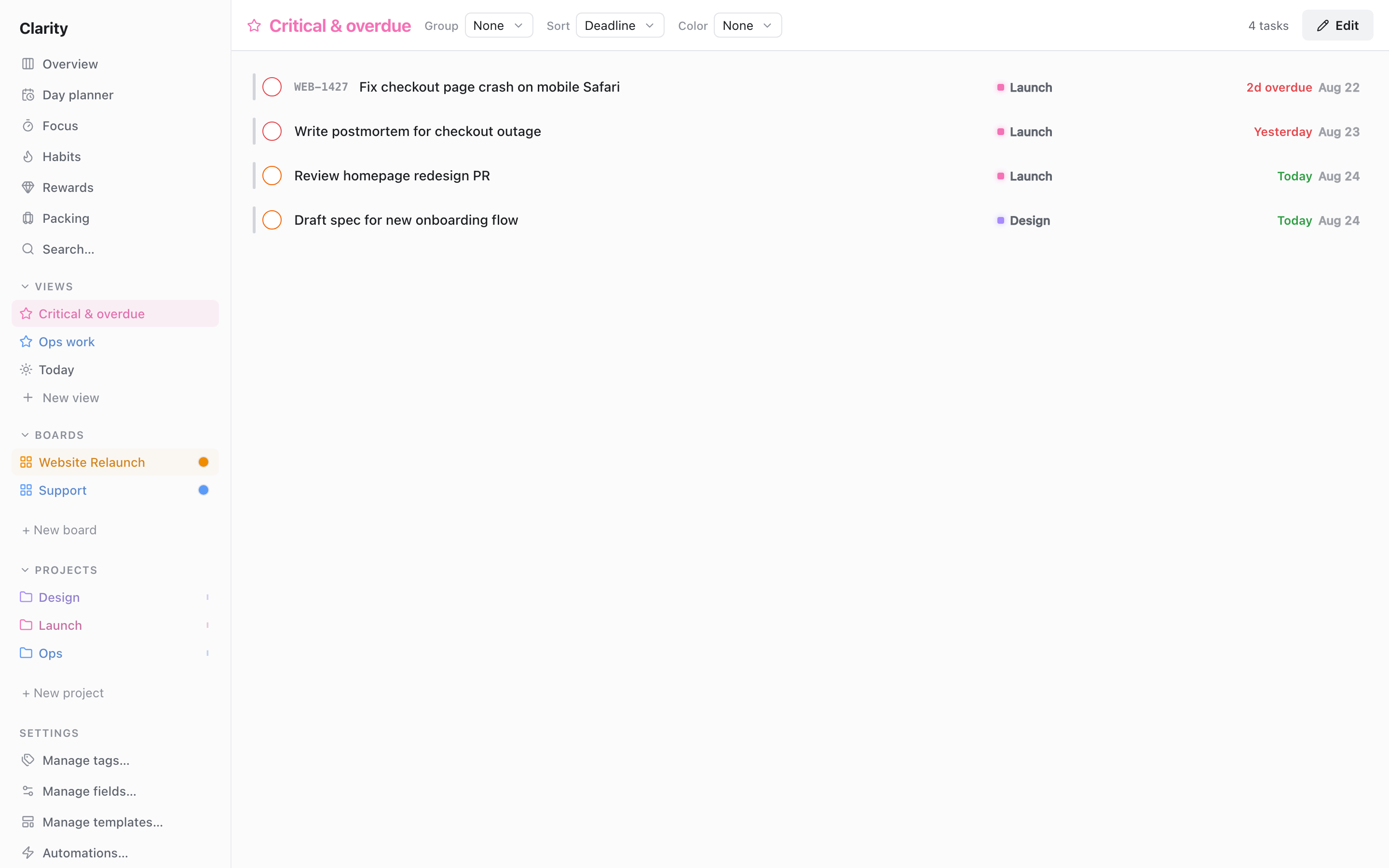 A saved view named "Critical & overdue" listing four tasks with their board, priority, and due date