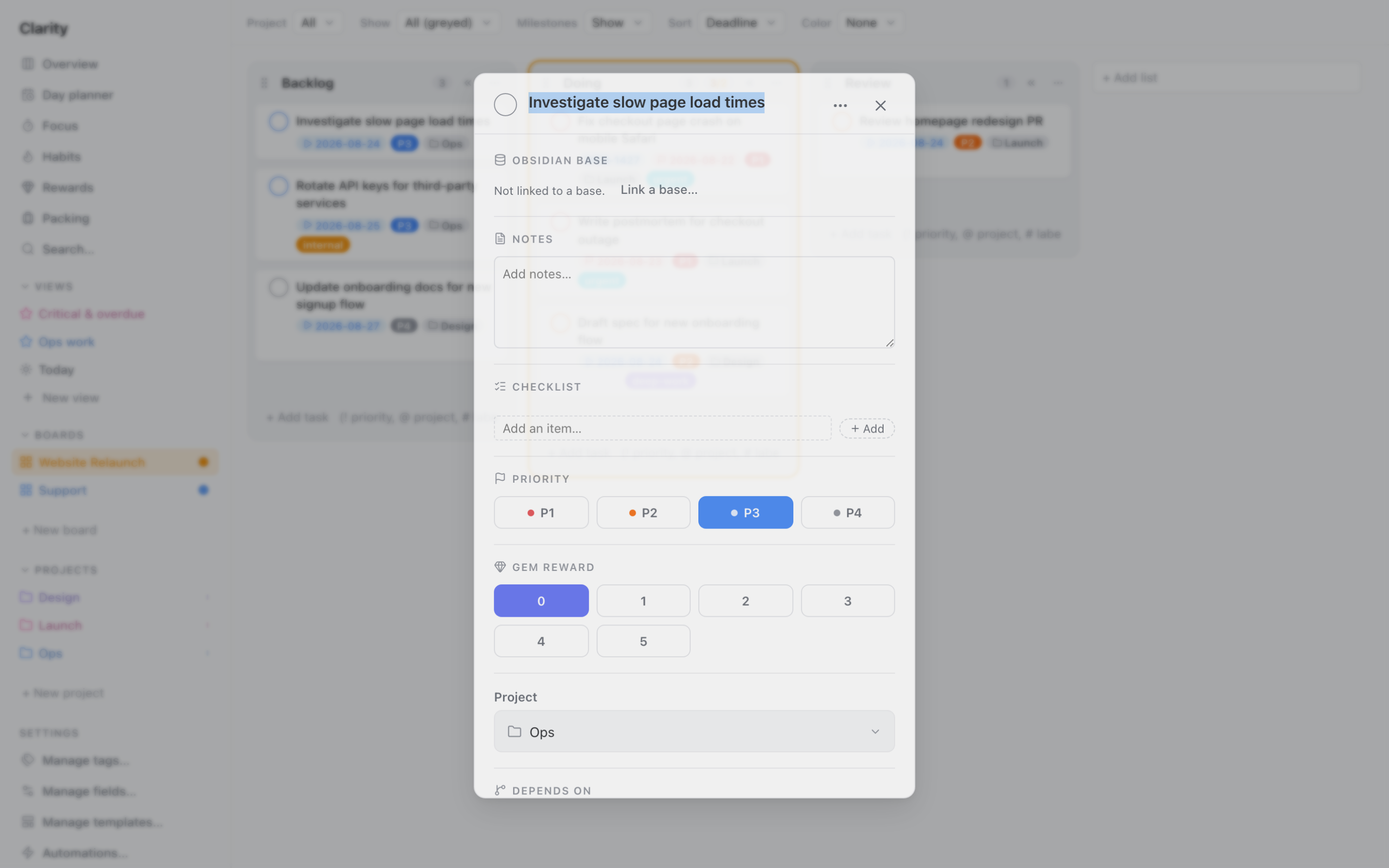 The task detail editor open for a task, showing notes, checklist, priority buttons, gem reward, and project fields