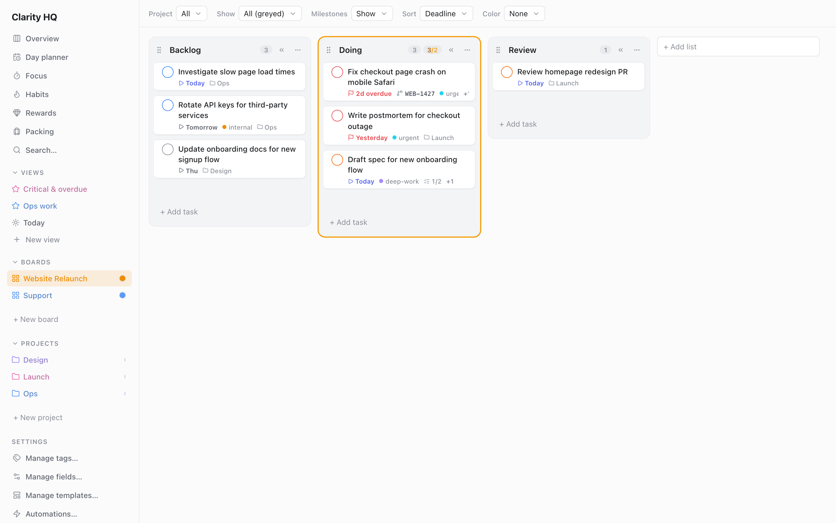 A Clarity HQ board with Backlog, Doing, and Review lists holding task cards with priorities, tags, and due dates